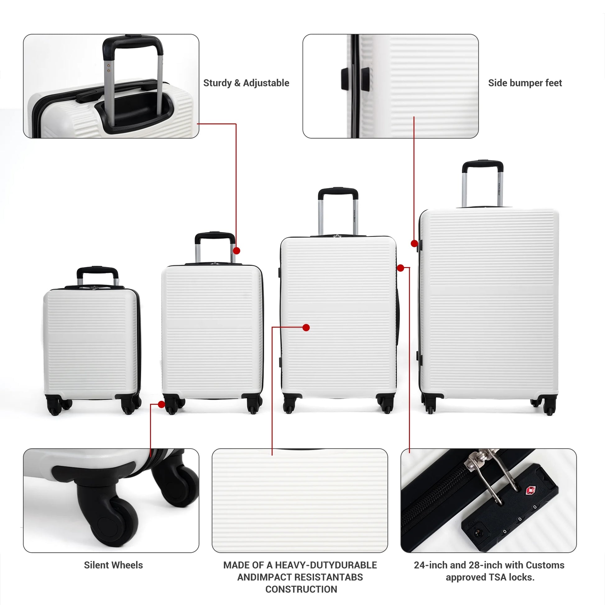 Tripcomp 7-Piece Hardside Luggage Set with TSA Lock Lightweight ABS+PC Suitcase (16/20/24/28 Inch) with 360° Silent Spinner Wheels, Duffel Bag and 2 Packing Cubes (White)