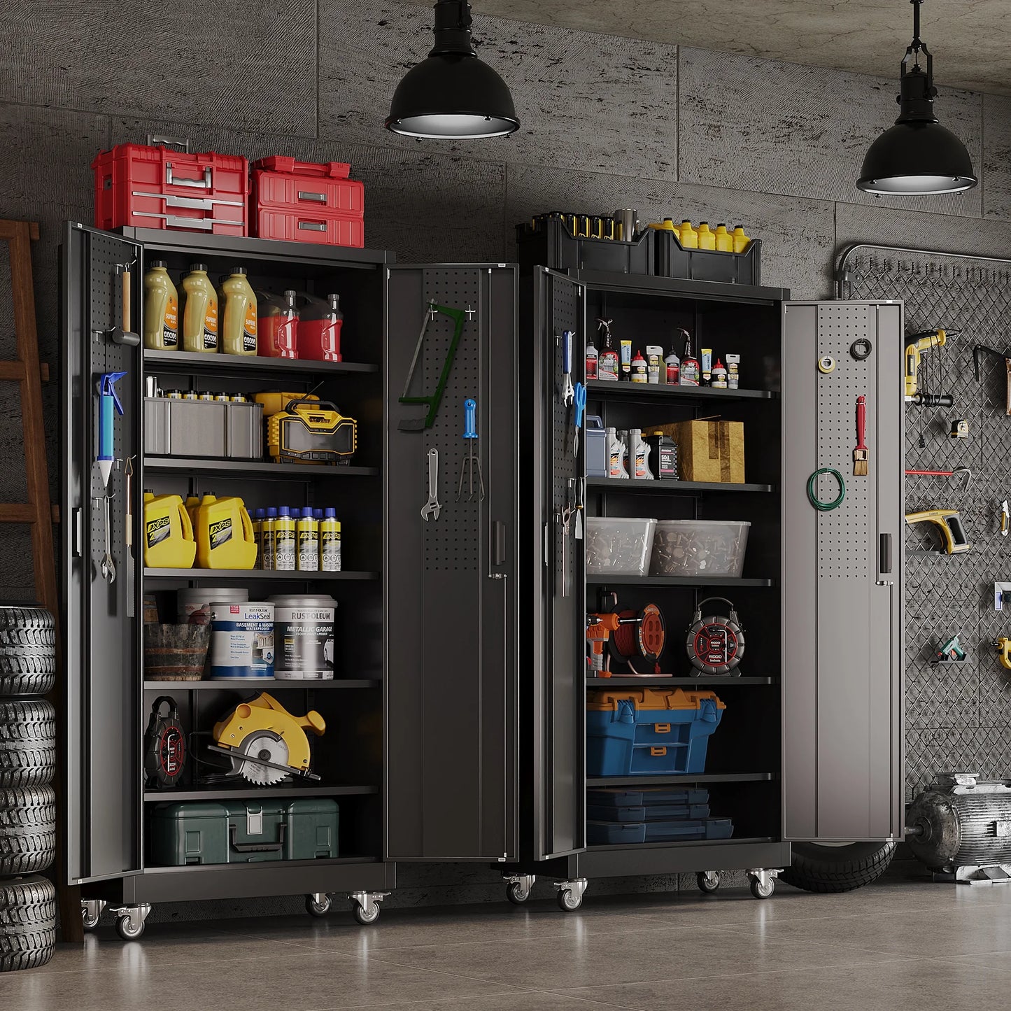 Gaeanet Rolling Tool Storage Cabinet with 5 Adjustable Shelves and Pegboard,Metal Garage Storage Cabinet with Wheels for Garage Home Office Utility Room,71" H32" W16" D,Required Assembly, Black