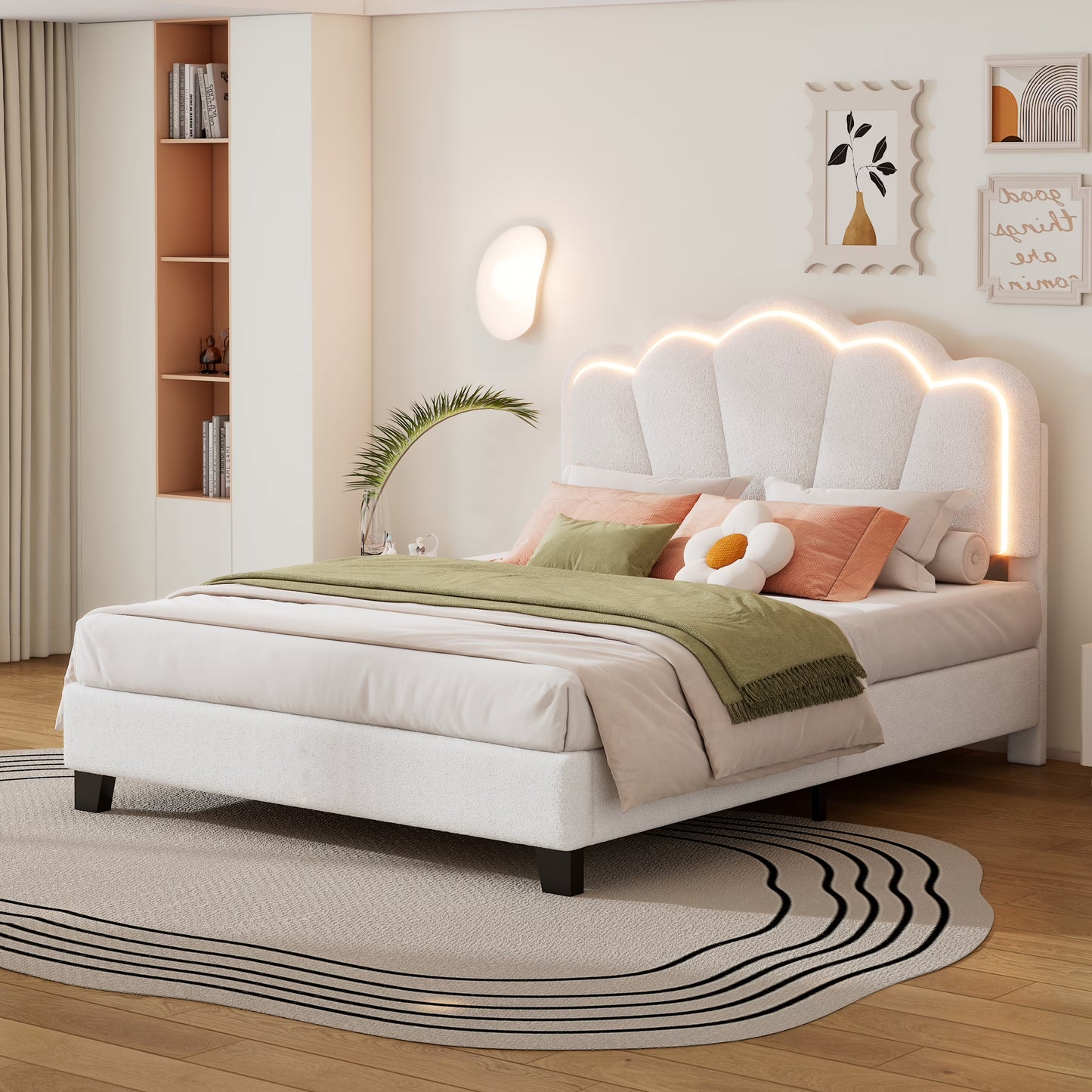 Euroco Upholstery Full Size Platform Bed with Flower-Shaped Headboard and LED Light for Kids Bedroom, Beige