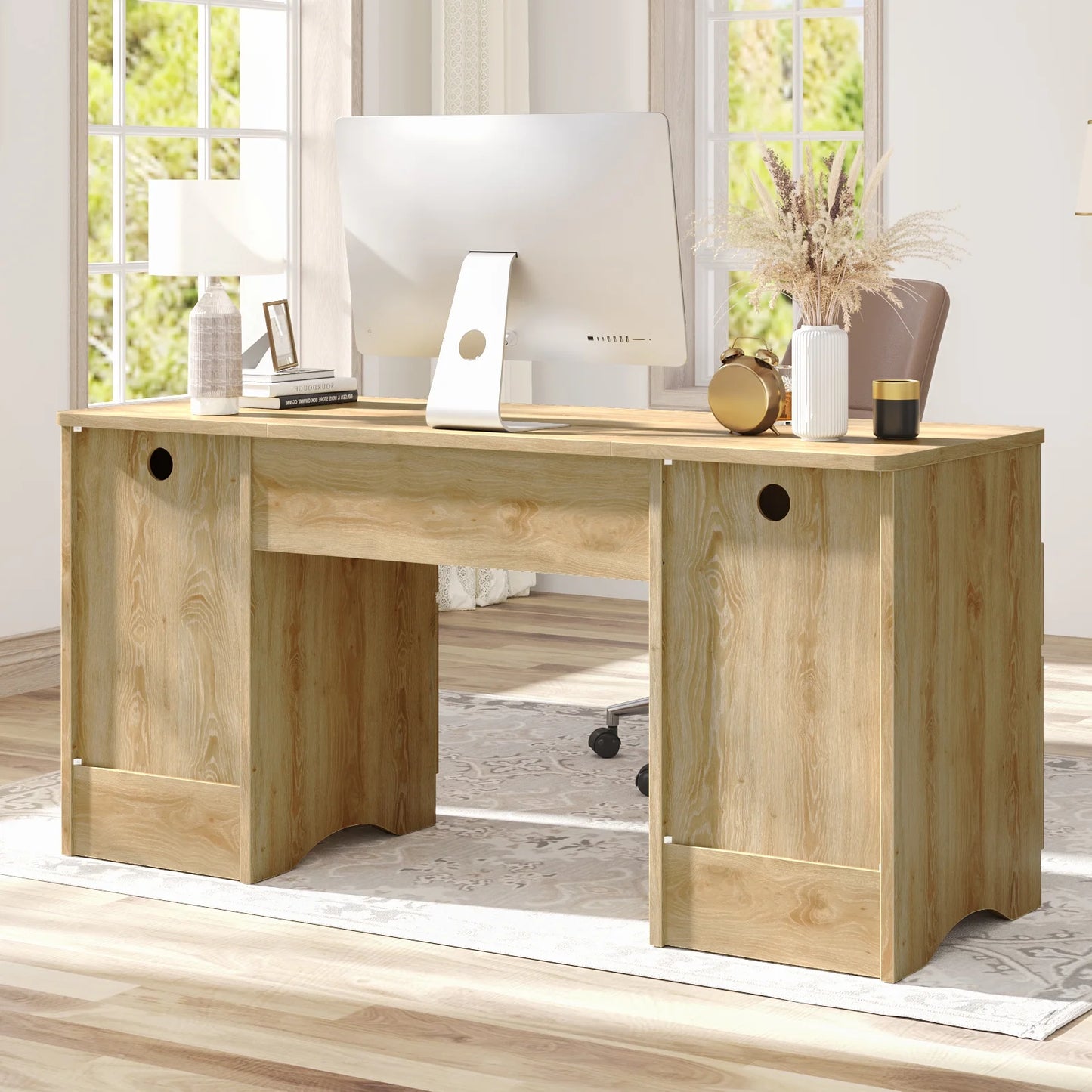 Bestier 59" Computer Home Office PC Desk with Keyboard Tray and Storage Drawers, Walnut and White