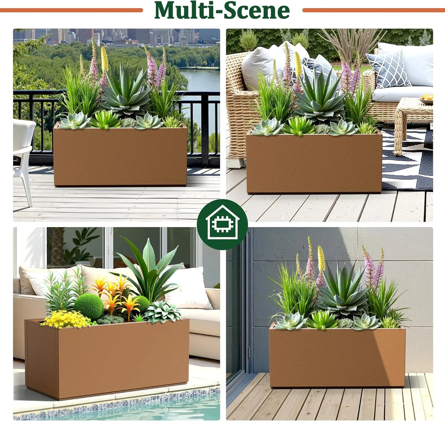 Large Rectangle Planter Metal Brown Planter Box with a Drainage Hole and a Removable Divider Indoor Outdoor Porch Pots for Tall , Trees, Flowers 37.99"x 15" x 16.26" Brown