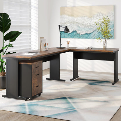 Tribesigns 83" L-Shaped Executive Desk, Large Office Desk with 3-Drawer Mobile File Cabinet, Industrial Corner Computer Desk with Storage Drawers for Home Office, Rustic Brown