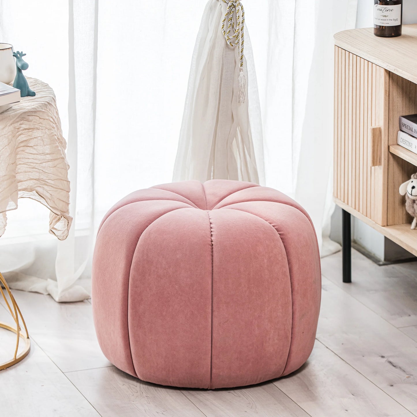 White Boucle with Stripes Pouf Vintage Style Living Room