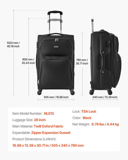 Softside Expandable Luggage with Spinner Wheels, 28-Inch Softside Checked Large Luggage, Lightweight Checked Suitcase with Expandable Zippered Pocket and TSA Lock, Black