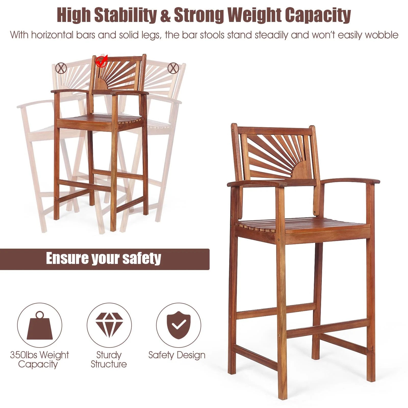 Giantex Patio Bar Stools Set of 4, Outdoor Acacia Wood Bar Chairs with Sunflower Backrest, Curved Armrests & Breathable Seat, Ideal for Balcony, Sunroom, Patio, Easy Assembly