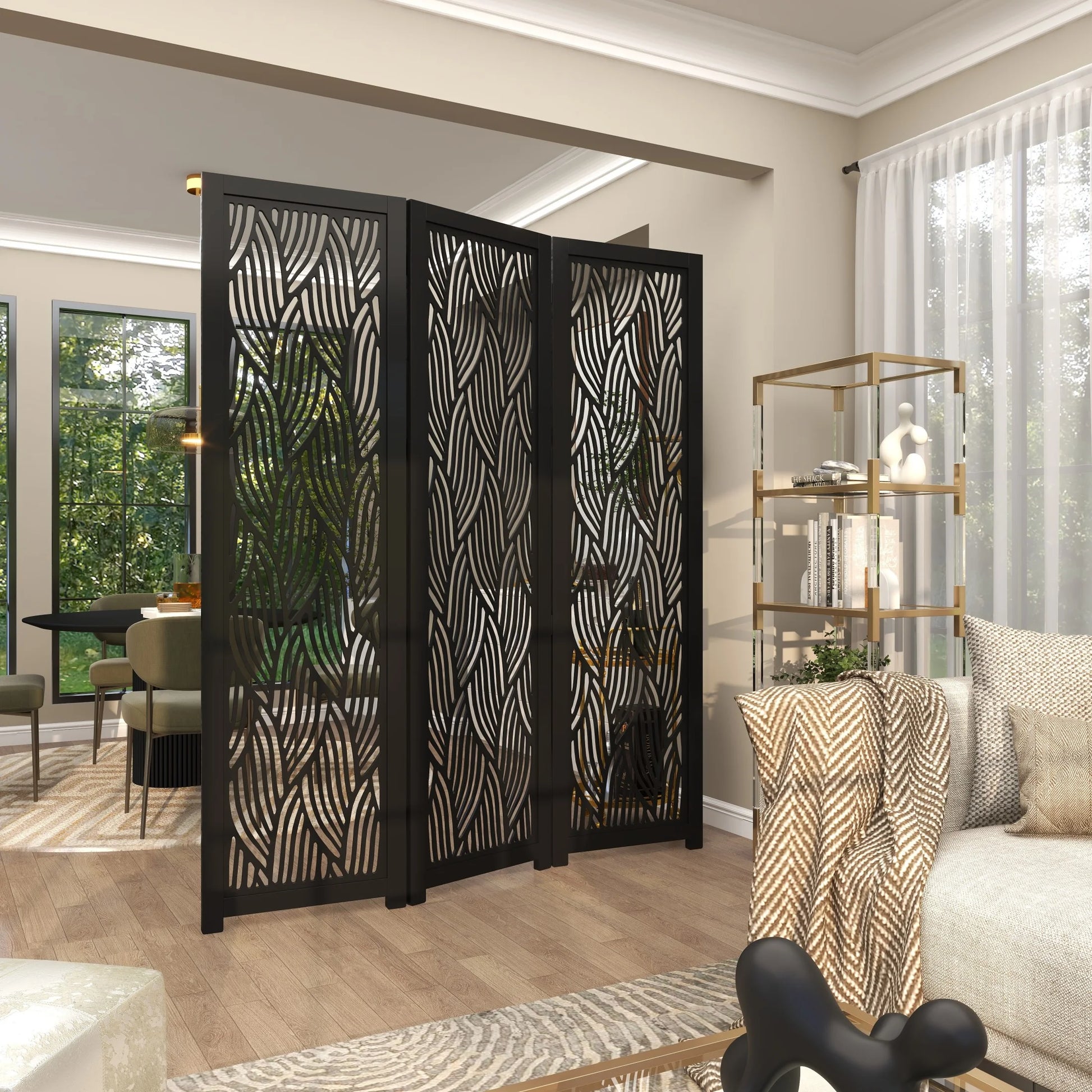 DecMode 60" x 72" Black Mango Wood Abstract Wavy Cutout 3 Panel Room Divider Screen, 1-Piece