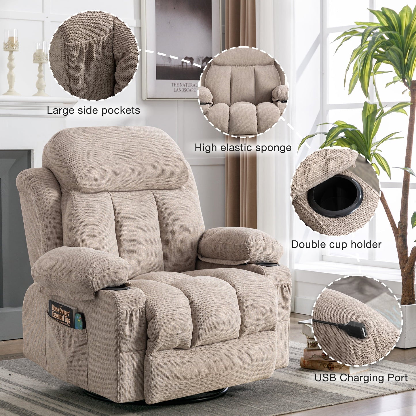 SYNGAR Manual Recliner Chair with Heat and Massage Function, Fabric Upholstery Recliner for Home Living Room Bedroom Nursery, Swivel Rocker Sofa Chair with USB Port and 2 Cup Holders, Beige