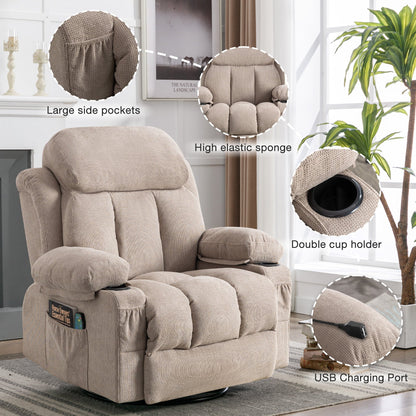 SYNGAR Manual Recliner Chair with Heat and Massage Function, Fabric Upholstery Recliner for Home Living Room Bedroom Nursery, Swivel Rocker Sofa Chair with USB Port and 2 Cup Holders, Beige