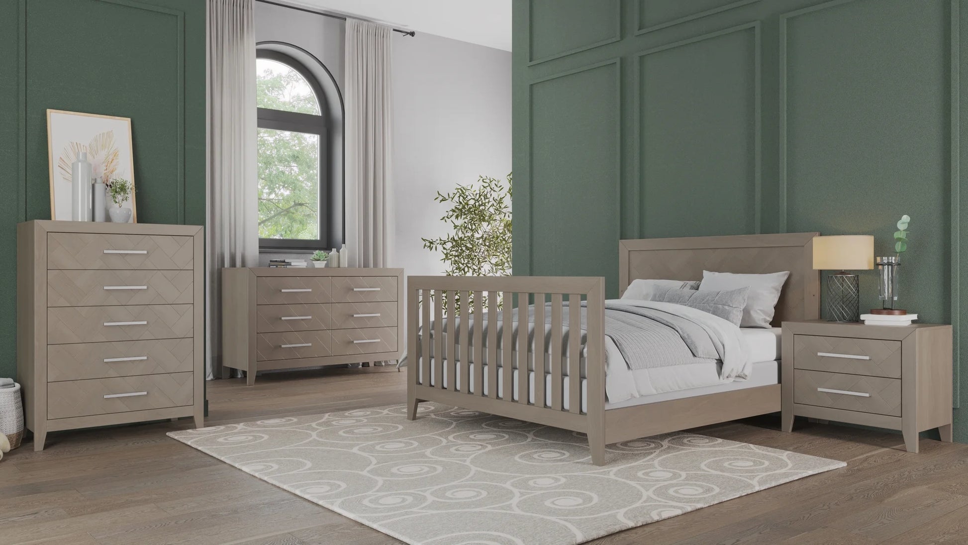 Child Craft Kieran 39" Interlocking 5-Drawer Chest for Nursery or Bedroom, Anti-Tip Kit, Herringbone Design, Crescent Gray