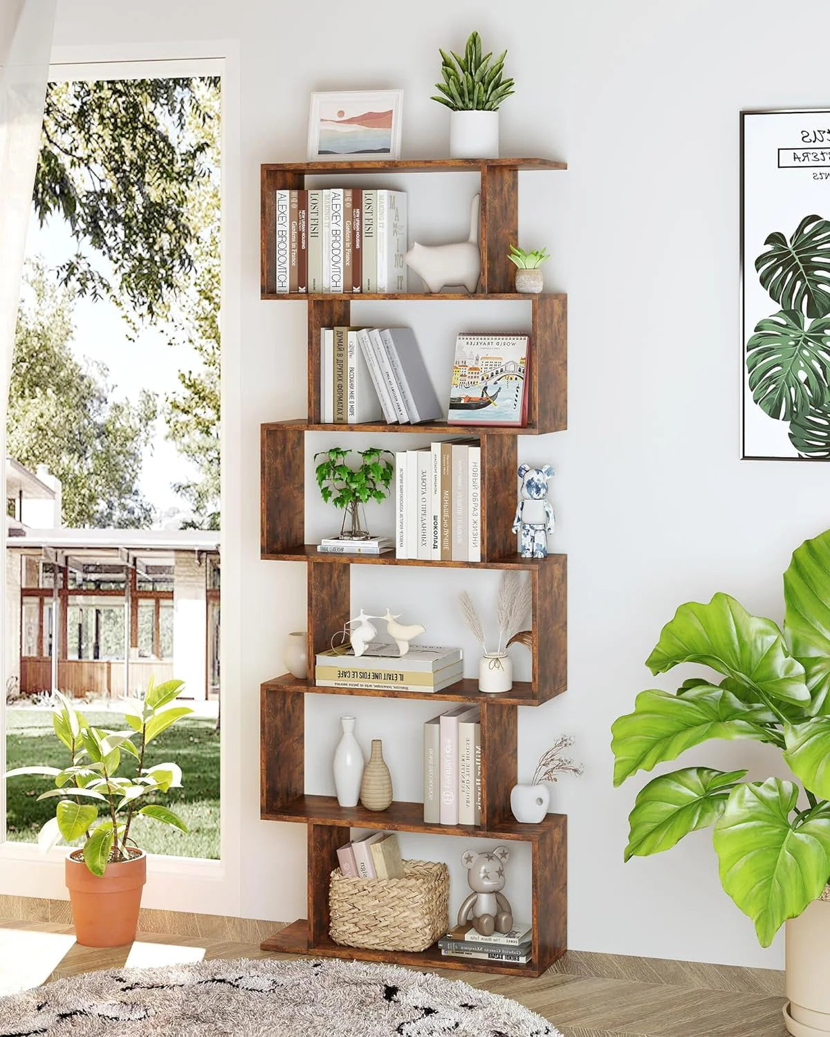 Geometric Bookcase, Bookshelf 6-Tier S Shaped Book Shelves For Bedroom, Modern Wood Decorative Display Shelf Tall Book Case For Home Office, Rustic Brown