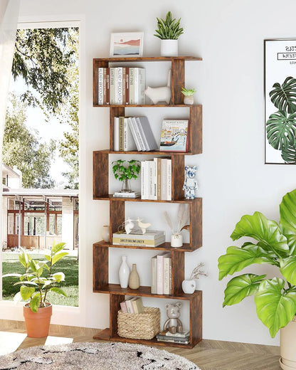 Geometric Bookcase, Bookshelf 6-Tier S Shaped Book Shelves For Bedroom, Modern Wood Decorative Display Shelf Tall Book Case For Home Office, Rustic Brown