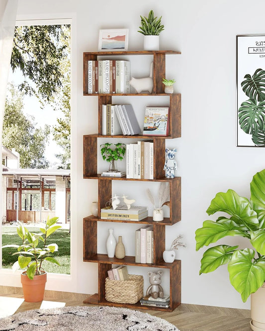 Geometric Bookcase, Bookshelf 6-Tier S Shaped Book Shelves For Bedroom, Modern Wood Decorative Display Shelf Tall Book Case For Home Office, Rustic Brown