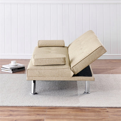 Aukfa Leather Futon Convertible Sofa Bed for Home Office, 2 Cup Holders Twin Size, Beige