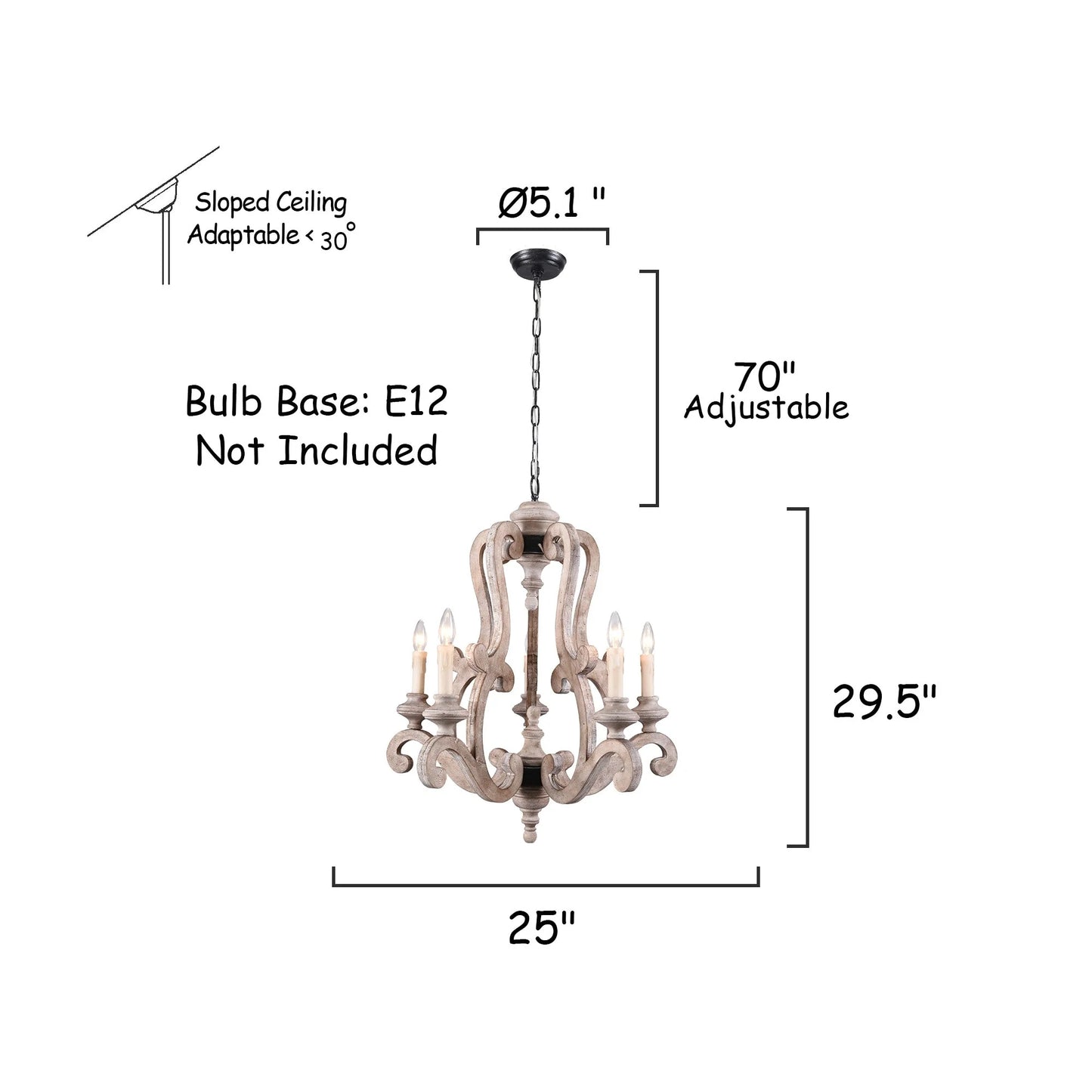 Oaks Aura French Country 5-Light Wood Rustic Pendant Ceiling Light ,Farmhouse Shabby Chic Candle Chandelier Weathered Wood Weathered, Antiqued 13 to