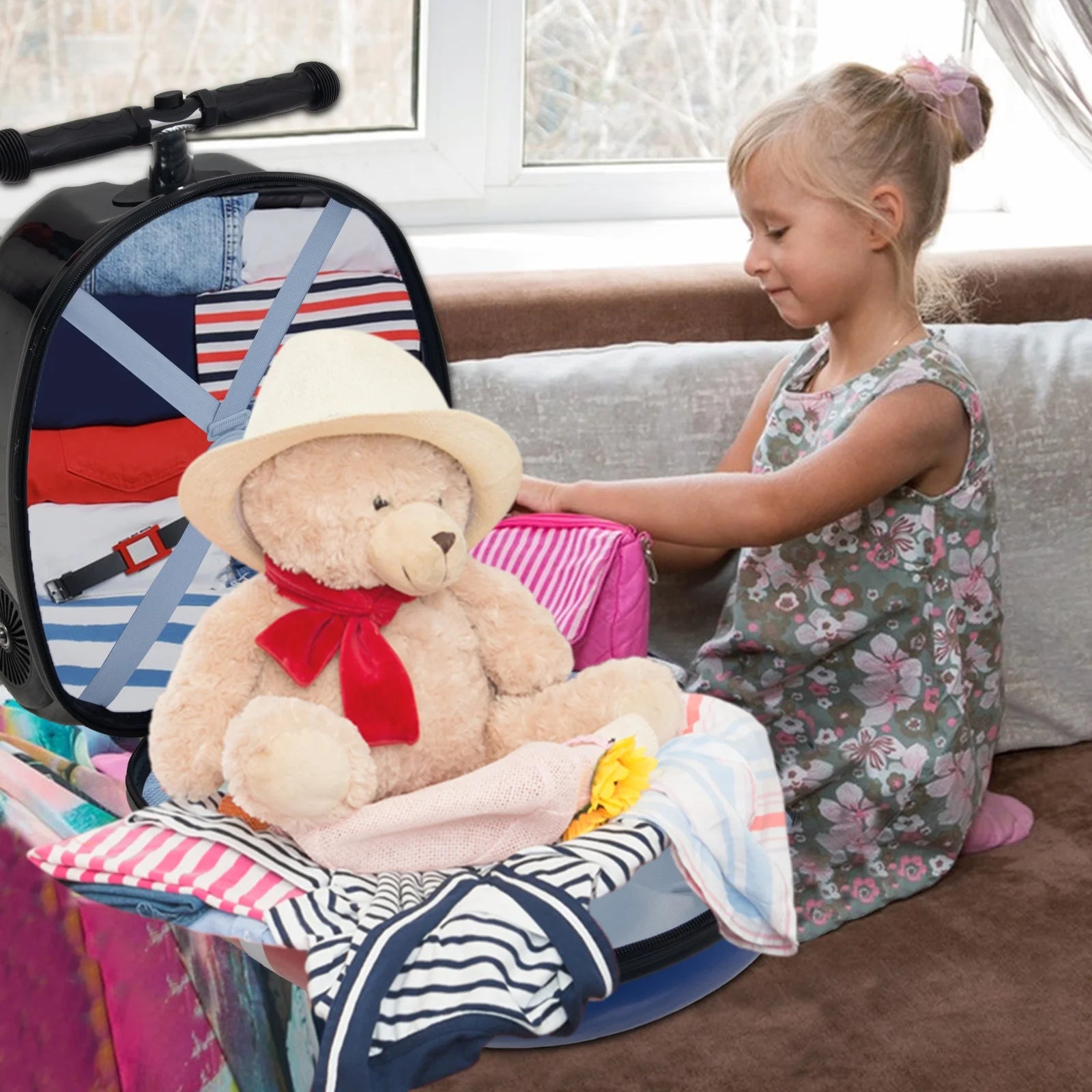 Kids Luggage Scooter, 3-Level Height Adjustable, Pirate Theme Foldable Carry-On Suitcase, Lightweight Ride-On Scooter