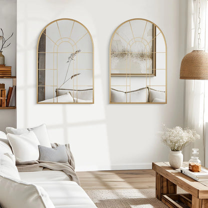 Lirago 42" x 28" Arched Decorative Mirror Metal Window Pane Wall Mirror, Gold