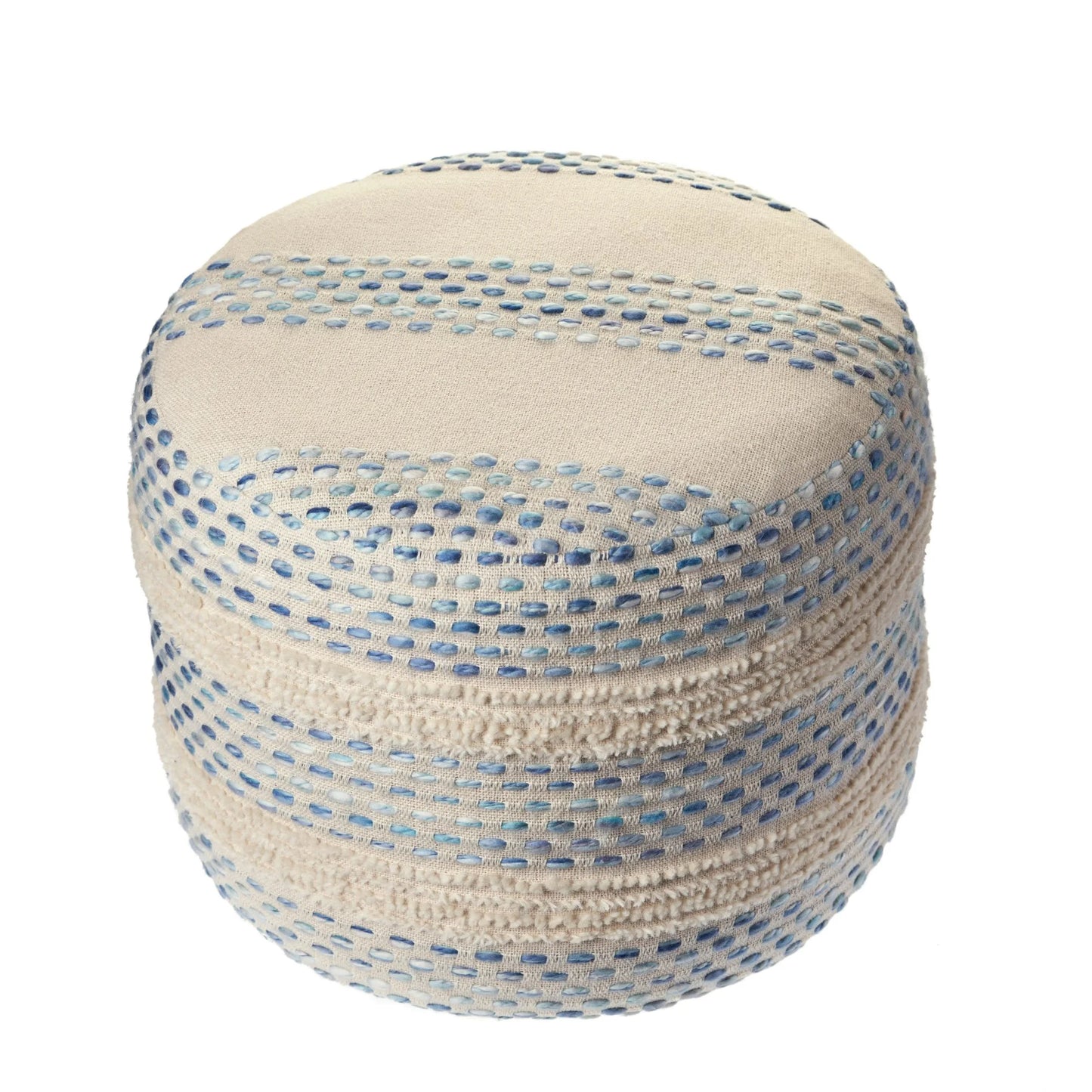 Laddha Home Designs 18" Blue and Cream Tufted Pin Dot Round Pouf Ottoman
