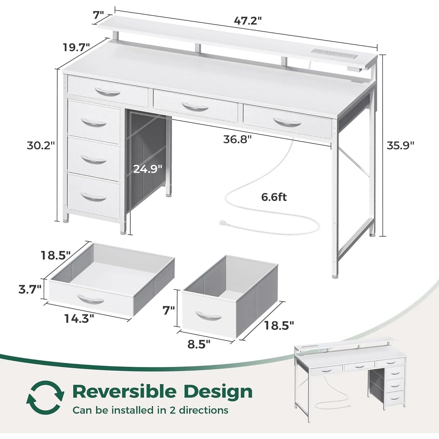 Gaming Desk with 6 Drawers, Computer Desk with LED Lights Power Outlets and Type-C, 47 Inch Office Table with Storage, Monitor Stand, Writing & Work Home Office, Bedroom, Study, White