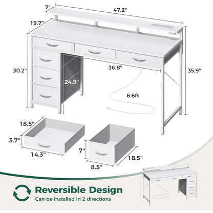 Gaming Desk with 6 Drawers, Computer Desk with LED Lights Power Outlets and Type-C, 47 Inch Office Table with Storage, Monitor Stand, Writing & Work Home Office, Bedroom, Study, White