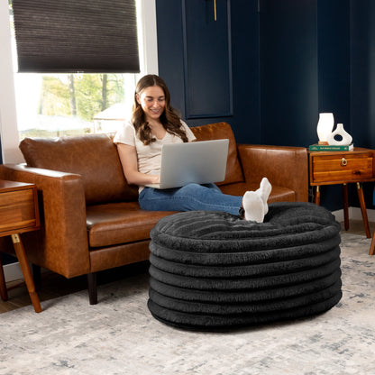 Jaxx Paran Accent Pouf - Fluffy Faux Fur Ottoman for Modern Interior Design, Large, Black