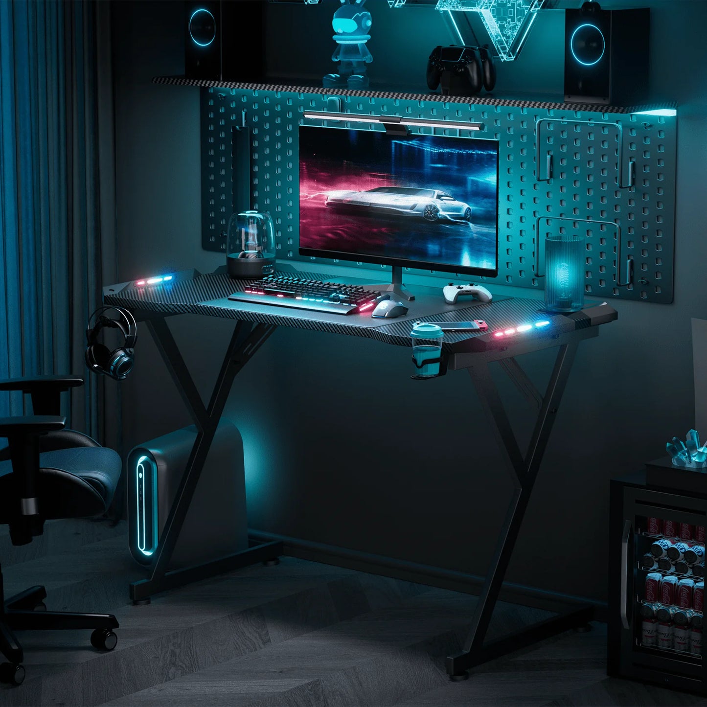 HLDIRECT 47 Inch Gaming Desk with LED Lights, Ergonomic Computer Gaming Table with Carbon Fibre Surface, Sturdy PC Workstation Desk for Gaming and Home Office with Headphone Hook, Cup Holder, Black