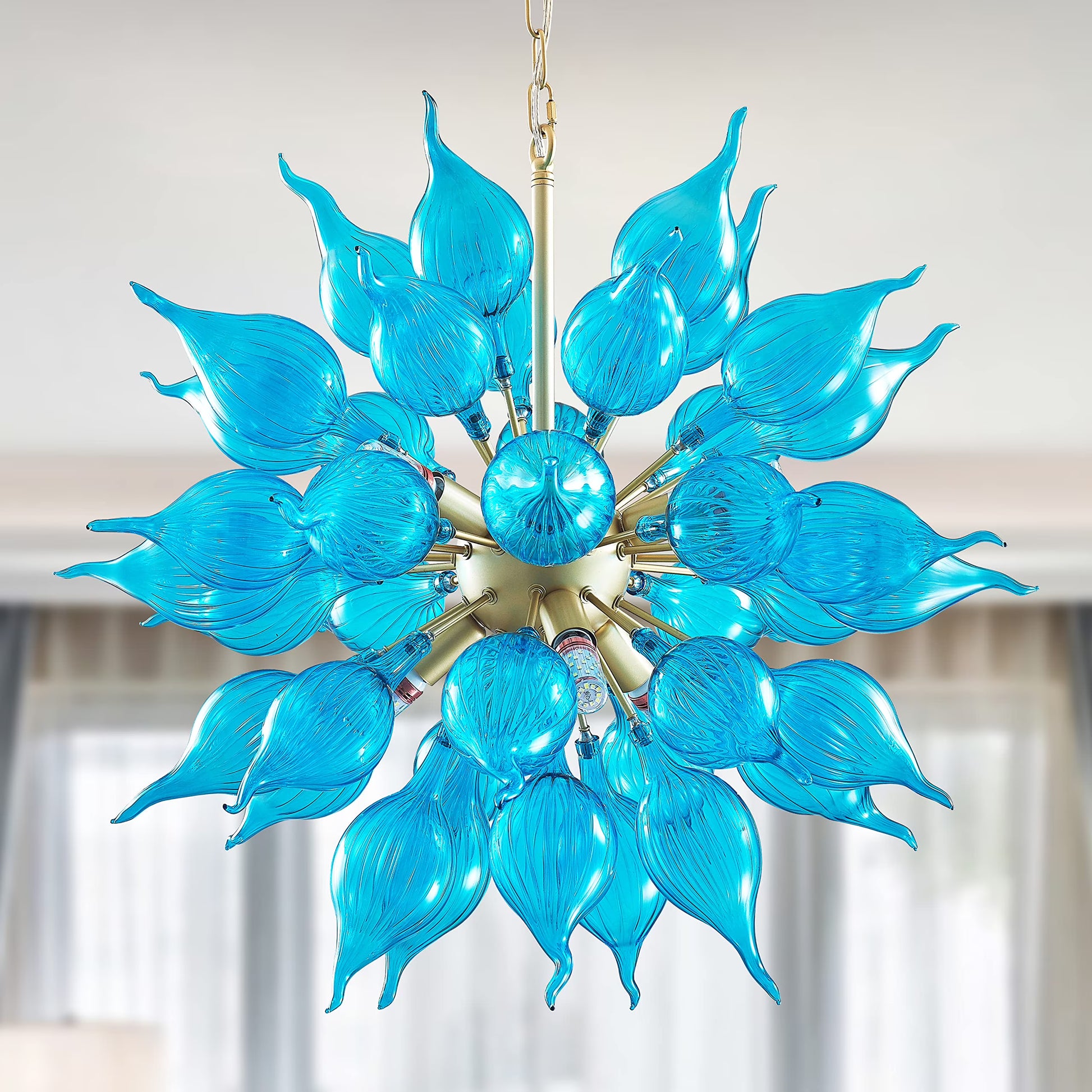 Longree 6-lights Plug in Hand Blown Glass Chandelier Modern Luxury White Flower Bud Glass Art Tall Ceiling Light Hanging Light Fixture for Kitchen, Bedroom, Dining Room, Living Room-LR1466