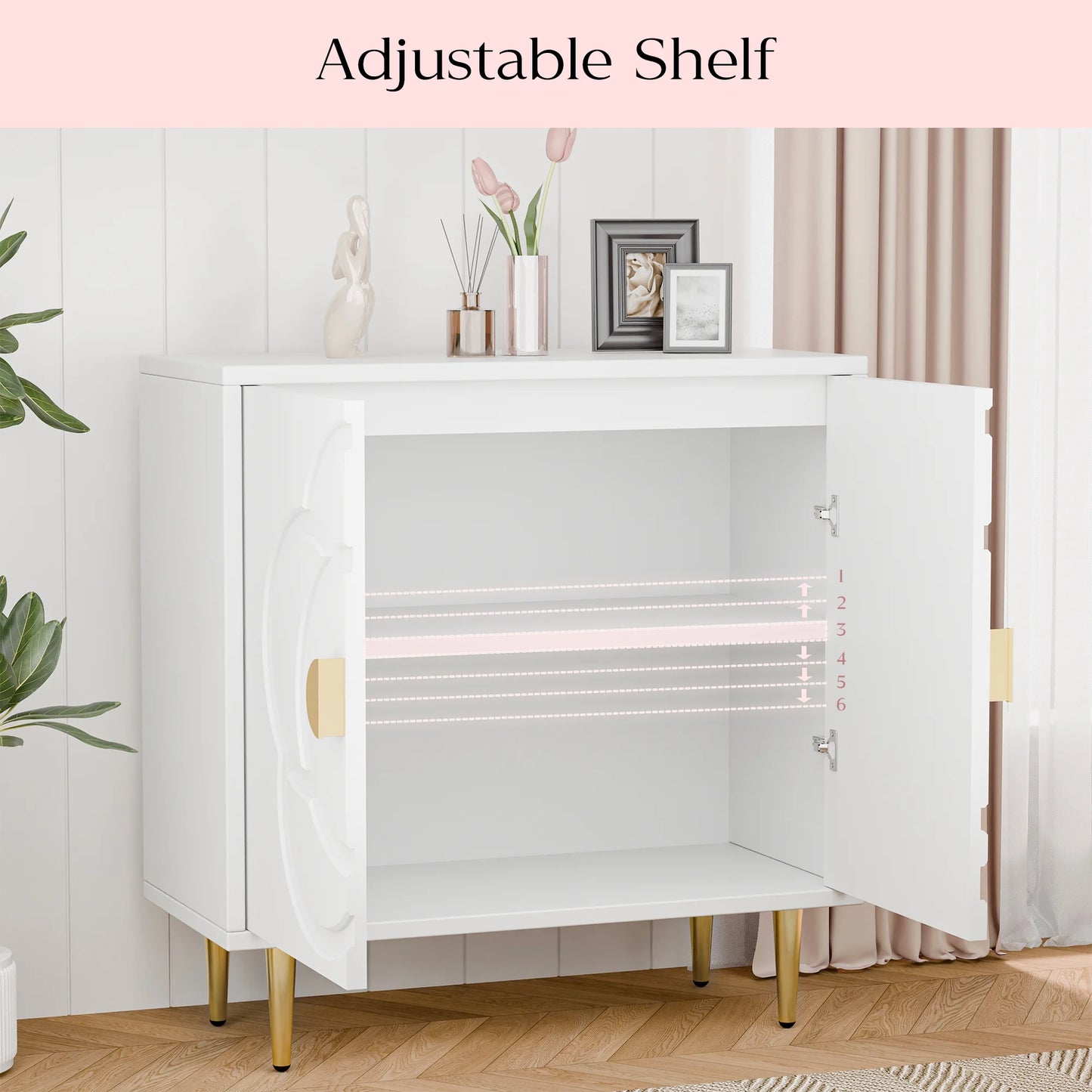 Tolead Modern Sideboard Buffet Cabinet with Flower Pattern Panel, 6 Shelves, White