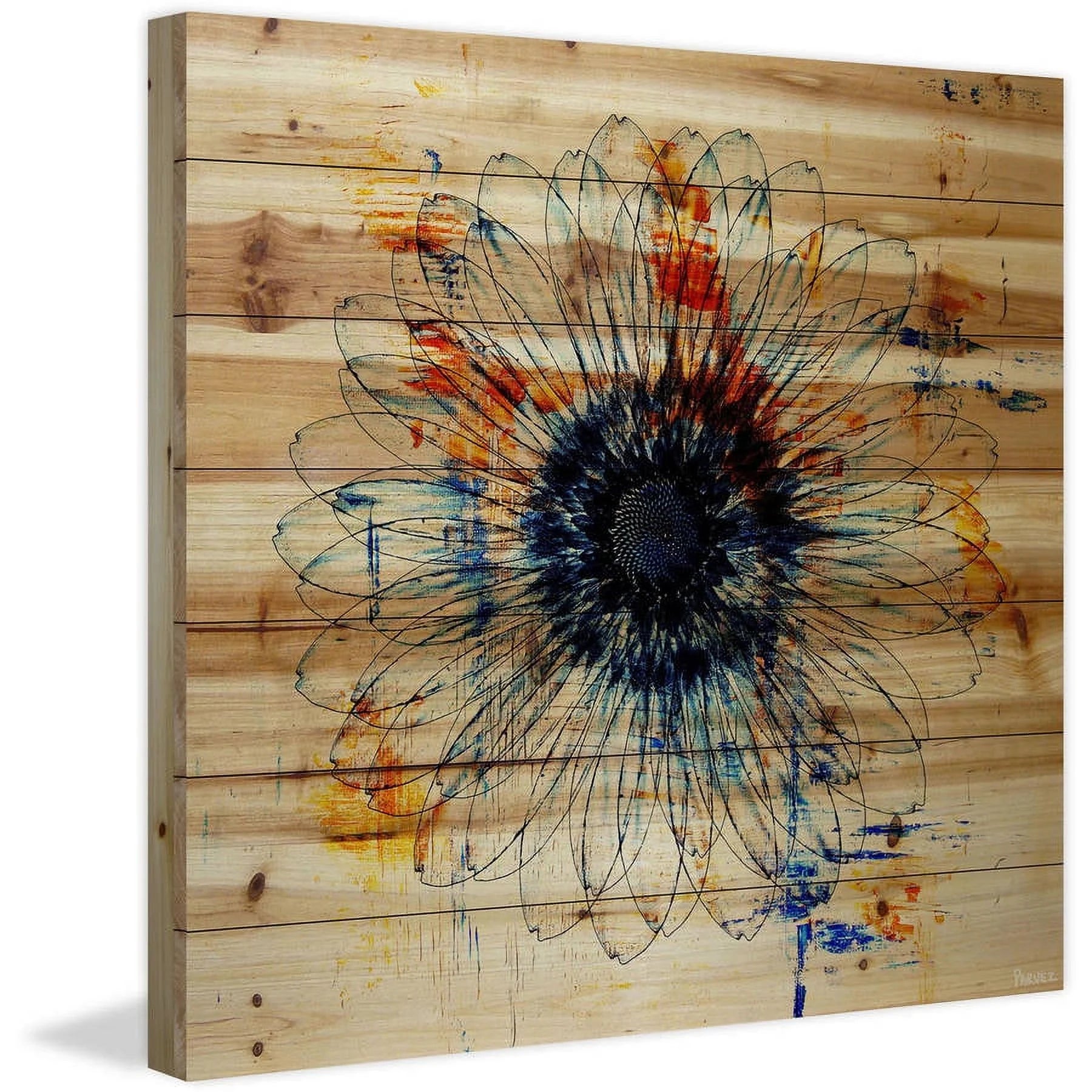 Parvez Taj - 'Stencil Flower' Painting Print on Natural Pine Wood 24 x 24