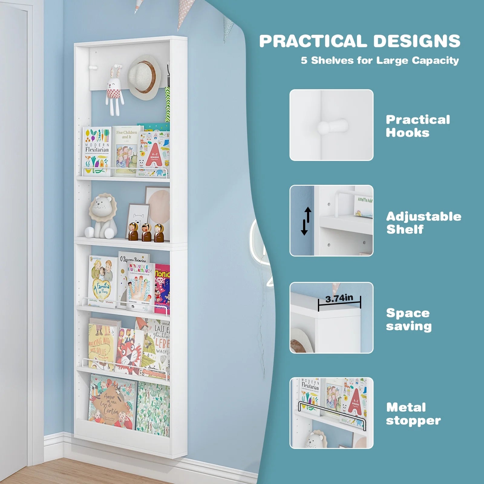 Advwin 5-Tier Wall Mounted Kids Bookshelf with Adjustable Shelves, Wooden Book Shelf Organizer, Behind Door Bookcase Display Shelf for Kids Room, Nursery, Playroom, Natural