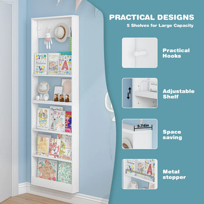 Advwin 5-Tier Wall Mounted Kids Bookshelf with Adjustable Shelves, Wooden Book Shelf Organizer, Behind Door Bookcase Display Shelf for Kids Room, Nursery, Playroom, Natural