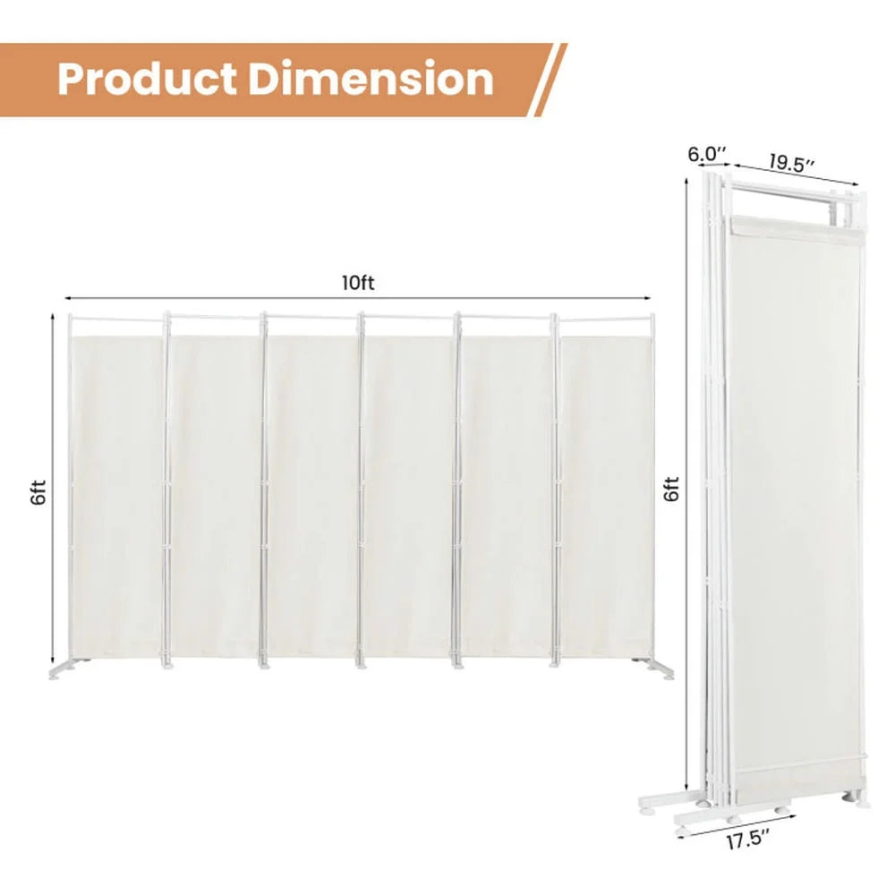 Spaco 6-Panel Room Divider Folding Privacy Screen, Privacy Screen with 7 Large Adjustable Foot Pads and 2 Support Tubes, Room Divider for Indoor as Home, White