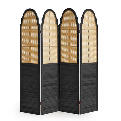 Aletheiawu 4 Panel Rattan Room Divider, Foldable Privacy Screen, No Installation Required, Black
