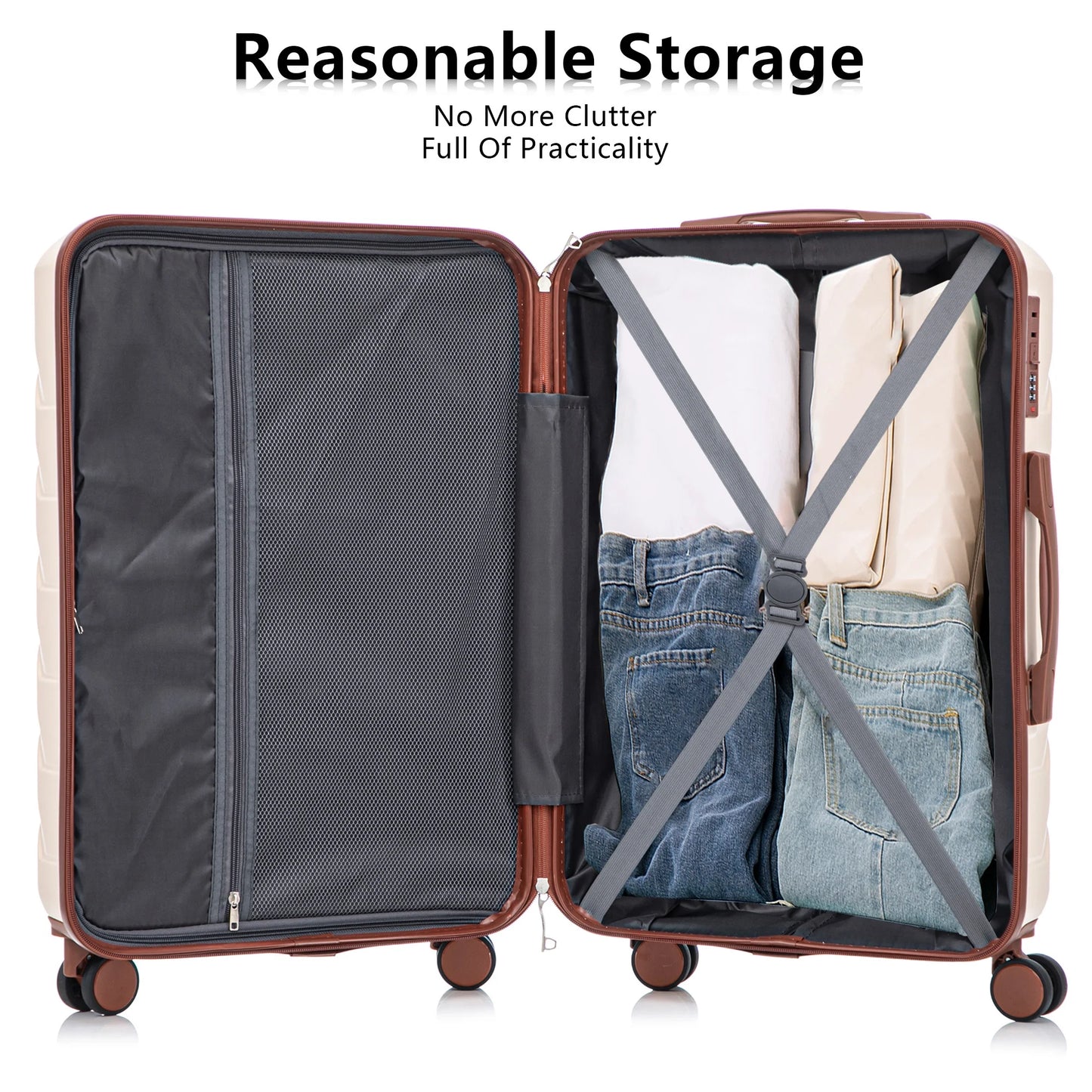 PAPROOS 3 Piece Luggage Set, ABS Carry-on Luggage Set with Spinner Wheels and TSA Lock, Lightweight Hardside Luggage, 20/24/28 Inch Rolling Suitcase Set for Travel Business Trip, Beige