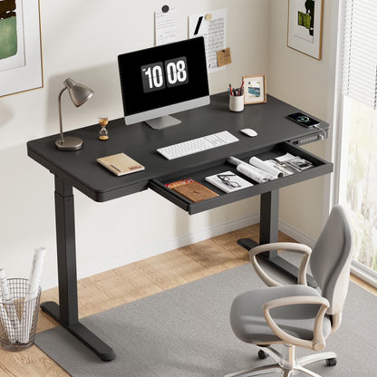 FLEXISPOT 48" W Home Office Height Adjustable Standing Desk White and Maple with USB Charge Ports and Embedded Drawer