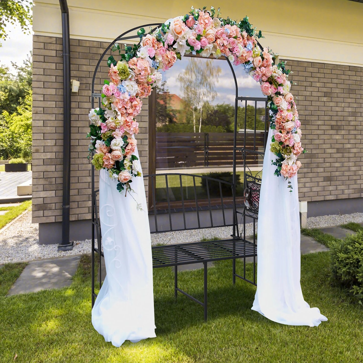 Gymax Steel Garden Arch w/2-Seat Bench 6'7''H x 3'8''W Outdoor Arbor for Climbing Plants