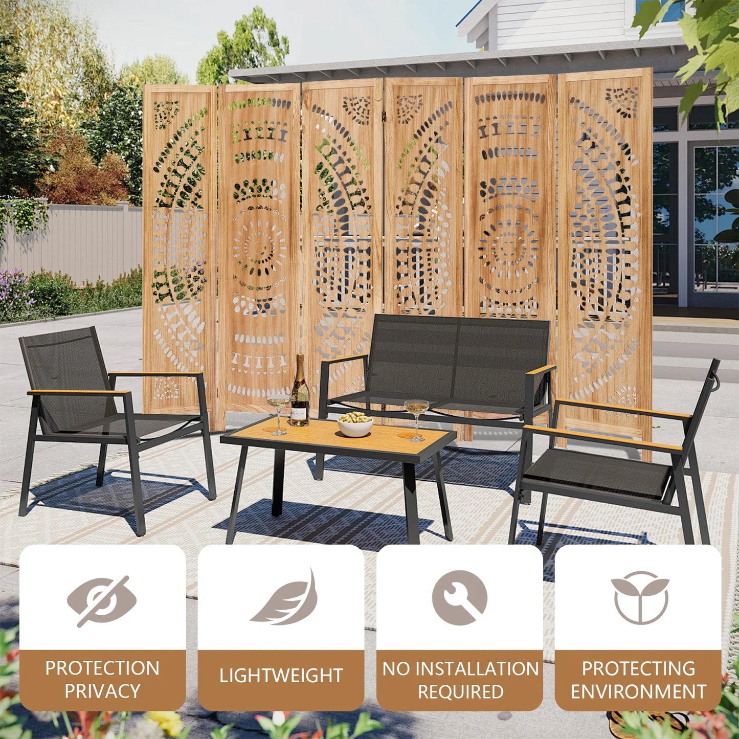 Aletheiawu 6 Panel Wood Carved Room Dividers, Folding Screens, No Installation Required, Light Brown