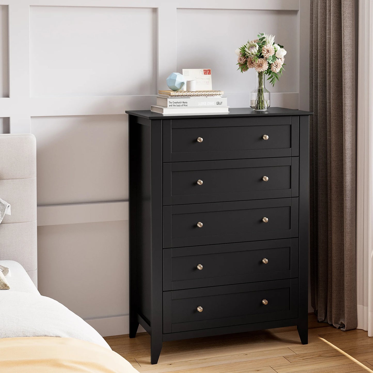 Homhougo Dresser for Bedroom Black with 5 Drawers, Tall Wood Organizer Storage Cabinet with Round Handle, Drawer Dresser for Closet, Living Room, Hallway, Nursery, Kids Bedroom
