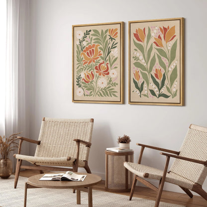 IDEA4WALL Framed Canvas Print Wall Art Set Vintage Floral Classic Botanical Illustration Abstract Garden Flowers Boho Art Modern Wall Decor Colorful Chic Artwork for Home Decor - Natural 24"x36"x2