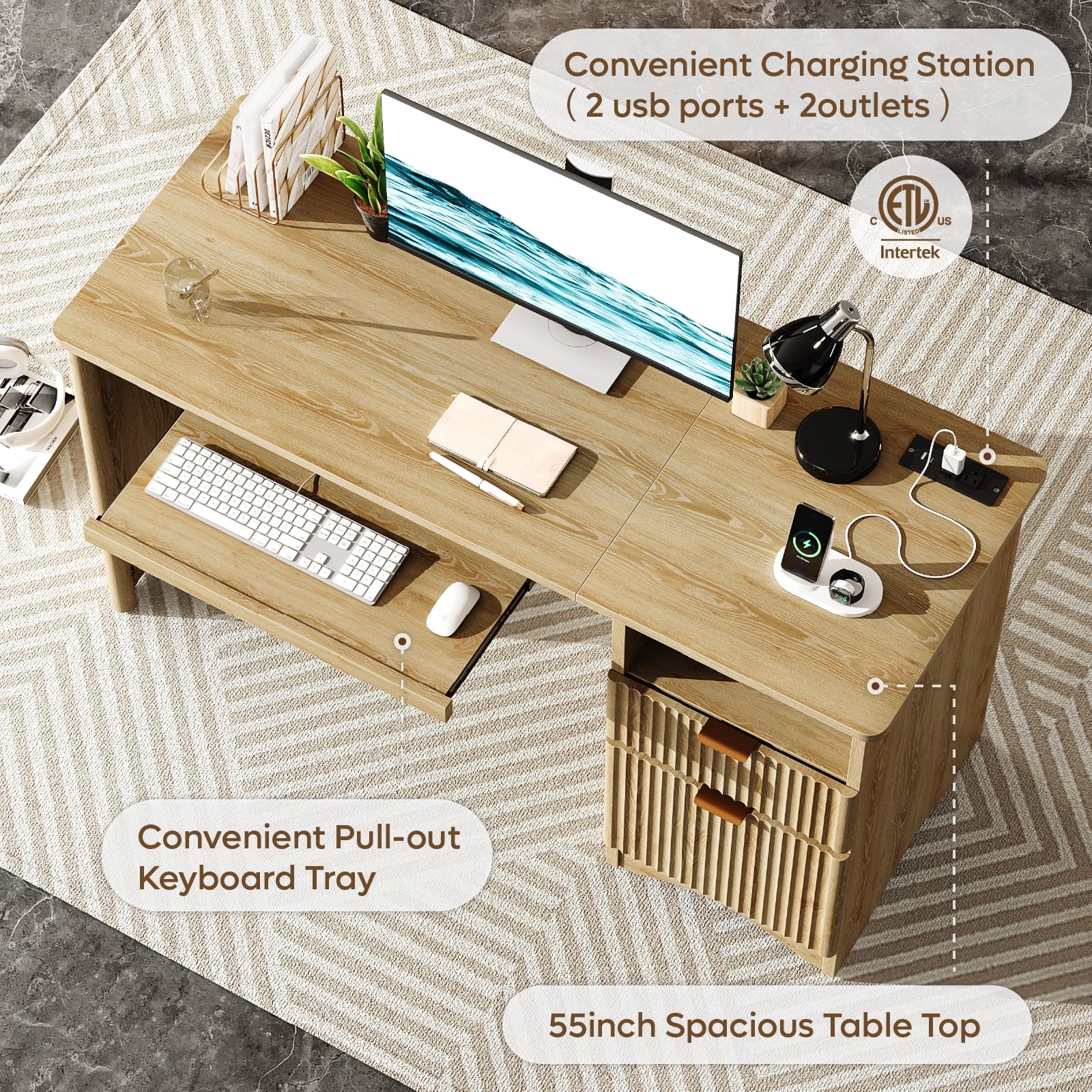 Bestier 55" Computer Writing PC Desk Home Office with Power Outlets Keyboard Tray and Storage Drawers, Log