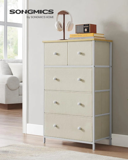 SONGMICS 5 Fabric Drawers Dresser Storage Tower with Unit for-Living-Room Hallway-Nursery Camel Yellow + Cream White