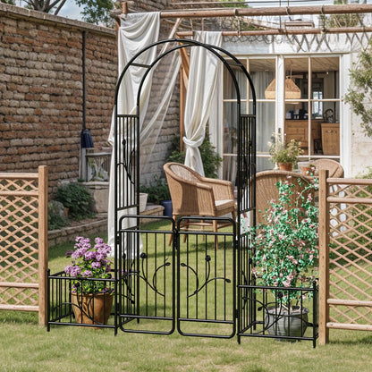 Uforic 87" Metal Garden Arbor Arch with Gate and Planter Boxes, Garden Trellis for Climbing Plants, Patio Wedding Party Lawn Arches Decoration, Black