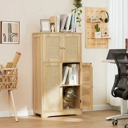 FANGSUM Rattan Cabinet with 4 Doors & Adjustable Shelf, Natural, for Living Room, Home Office