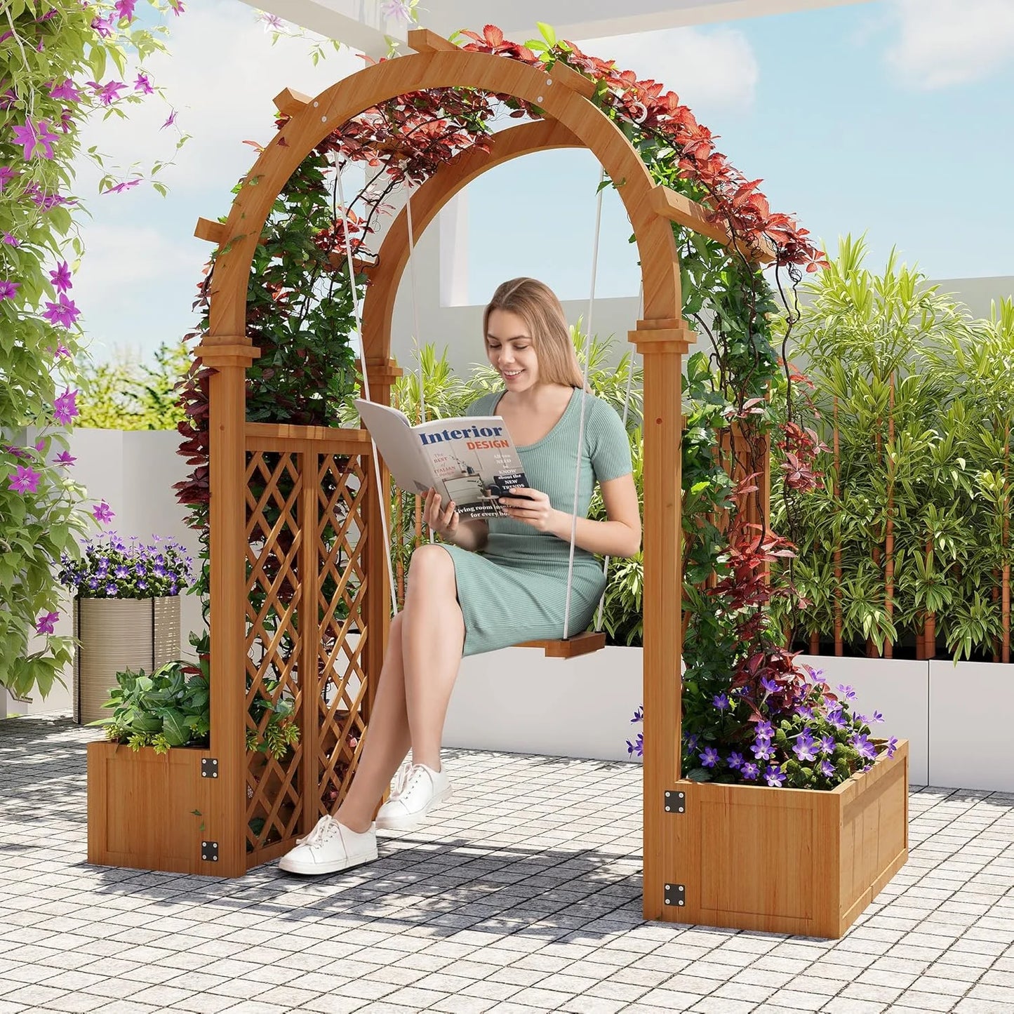 Wooden Garden Arbor with Planter& Swing,Outdoor Arbor Trellis for Climbing Plants, Roses, Vines, Outside Pergola Planter, Garden Arch for Lawn Backyard Wedding Ceremony Bridal Party