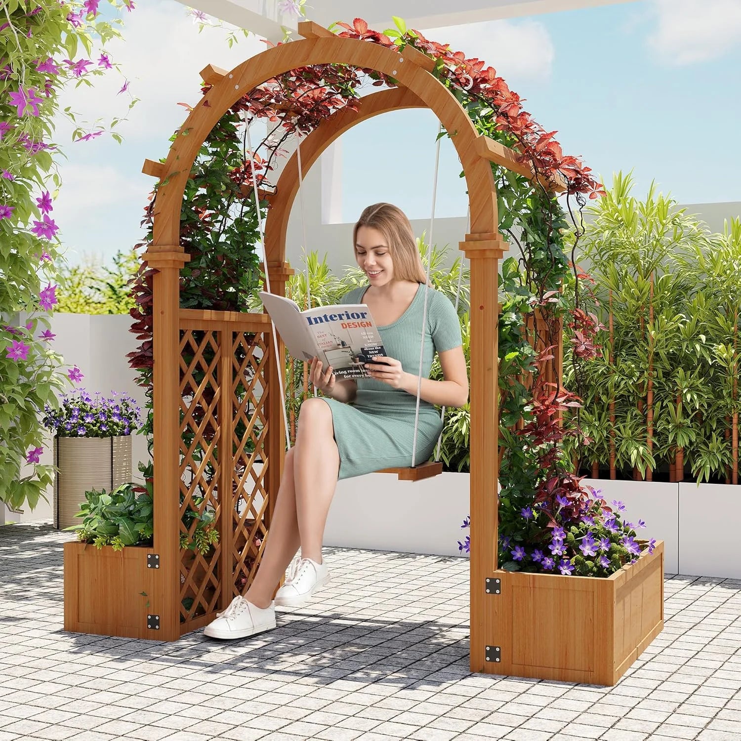 Wooden Garden Arbor with Planter& Swing,Outdoor Arbor Trellis for Climbing Plants, Roses, Vines, Outside Pergola Planter, Garden Arch for Lawn Backyard Wedding Ceremony Bridal Party