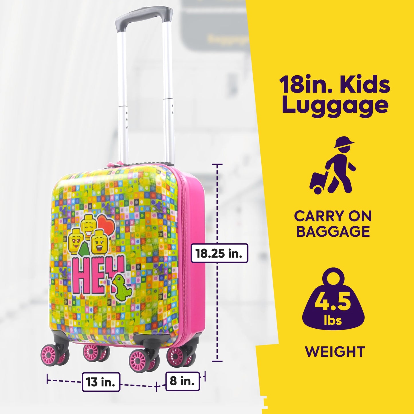 LEGO 18 Inch Kids Rolling Luggage, Play Date Hardshell Carry On Suitcase with Spinner Wheels, Multi