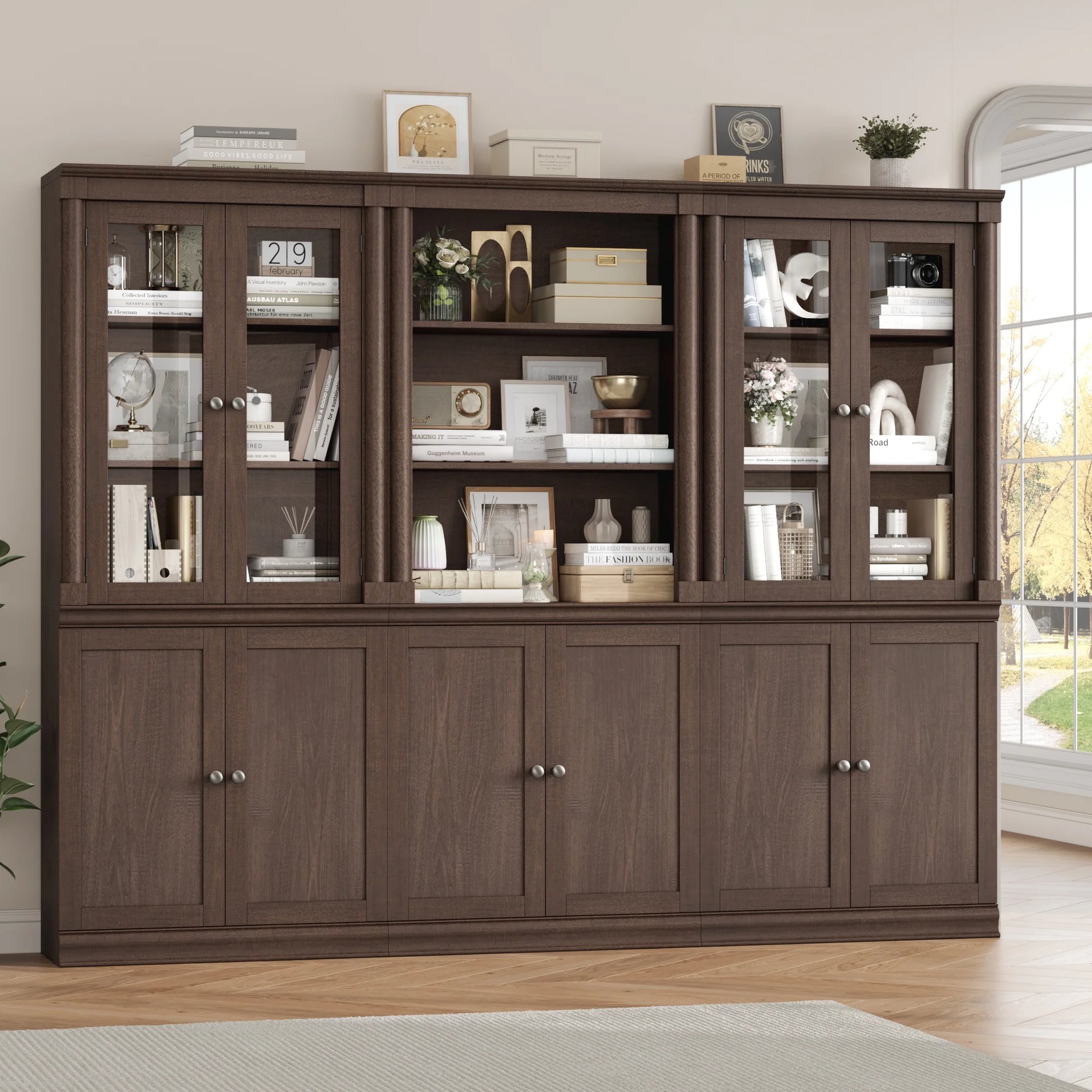 Homfa 71"H Bookcase with Glass Doors, 5 Tier Storage Bookshelf with Adjustable Shelf for Study Home Office,Reddish-Brown