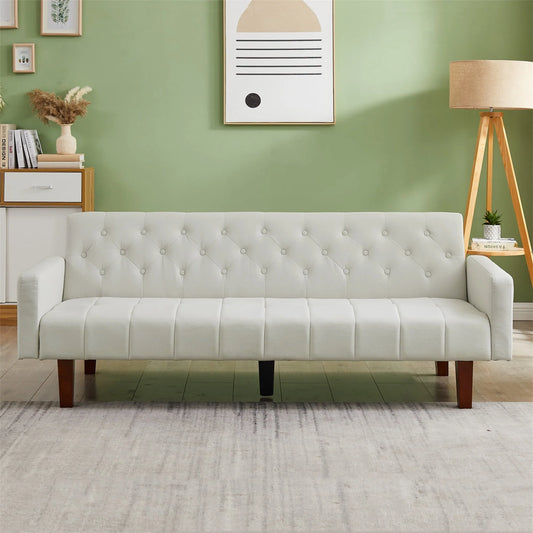 Aukfa 75" Square Arm Futon Convertible Sofa for Home Office, Button-Tufted Back, Beige