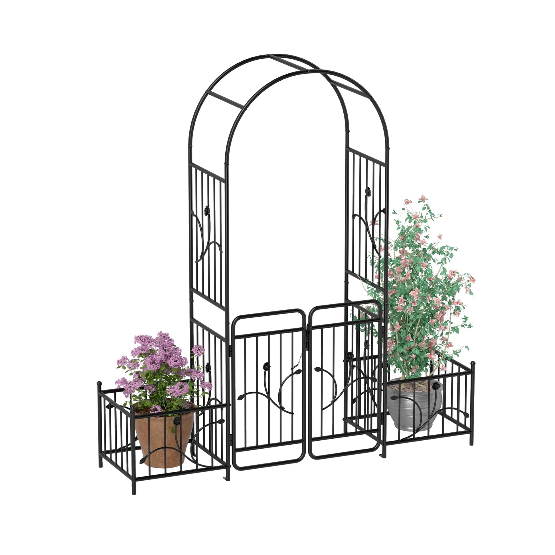 Uforic 87" Metal Garden Arbor Arch with Gate and Planter Boxes, Garden Trellis for Climbing Plants, Patio Wedding Party Lawn Arches Decoration, Black