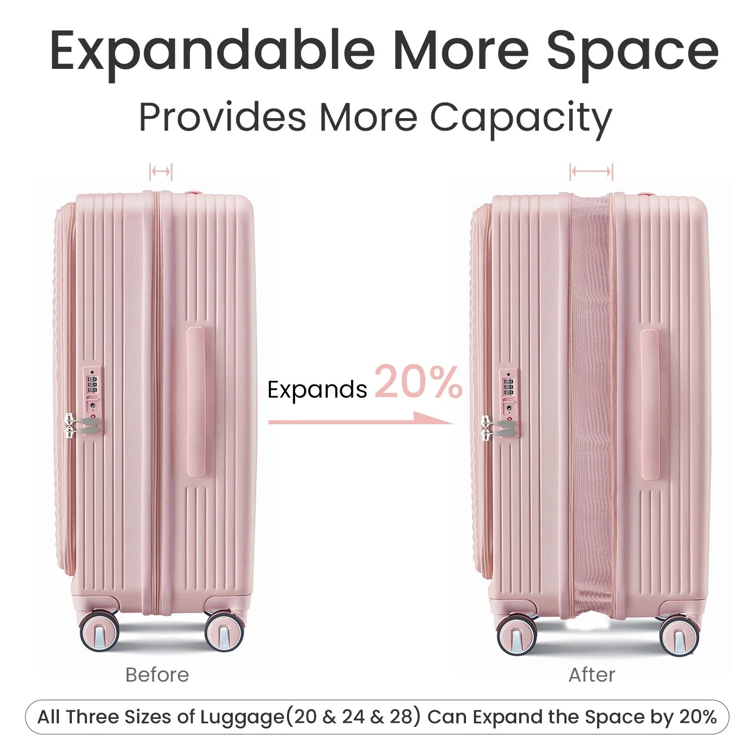 3 Piece Luggage Set Lightweight Suitcase with TSA Lock, PC Hard Shell Travel Luggage with Front Pocket and Spinner Wheels, Pink (20in24in28in)