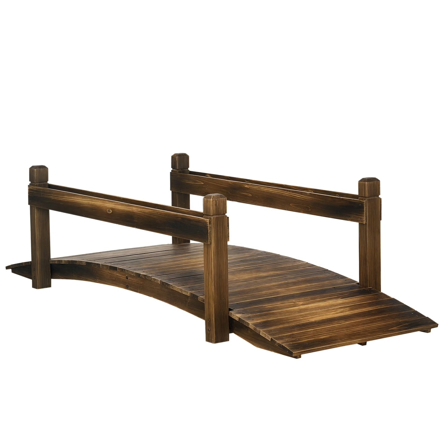 Homiyad 7.5' Wooden Garden Bridge with Planters on Safety Railings, Stained Finish Arc Footbridge for Backyards, Gardens and Streams
